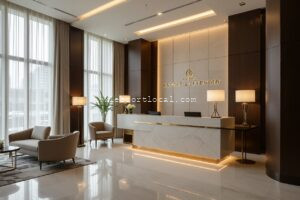 Luxury hotel lobby with marble reception desk and comfortable seating. Escort & Phoenix Resort.