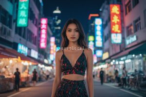 Stylish young woman in a crop top and skirt poses on a vibrant, neon-lit Asian street at night.