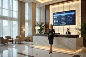 Elegant hotel lobby with a front desk, digital display, and hotel staff. Modern interior design.
