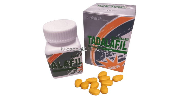 Tadalafil tablets and packaging. Text: Tadalafil.
