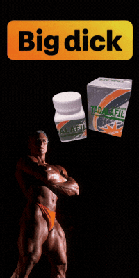 Bodybuilder, Tadalafil pills, and box with the text "Big dick" for erectile dysfunction treatment.