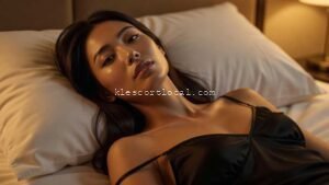 Woman in black silk slip dress lying on a bed