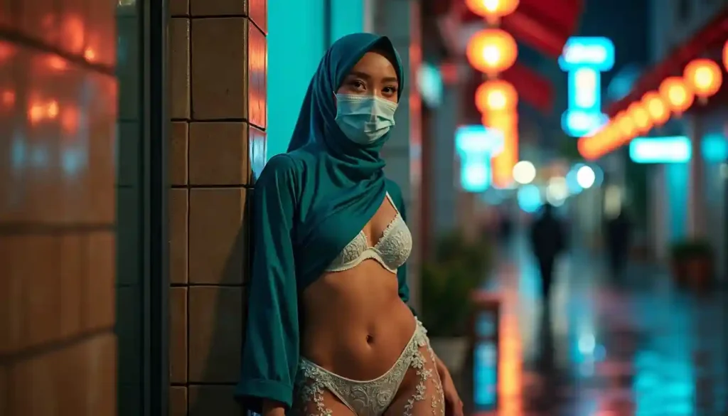 Woman in hijab and face mask wearing lingerie, leaning against a wall in a neon-lit alley