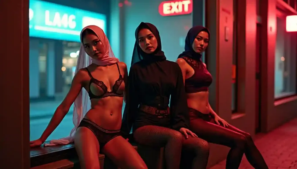 Three women in hijabs posing in a neon-lit urban setting