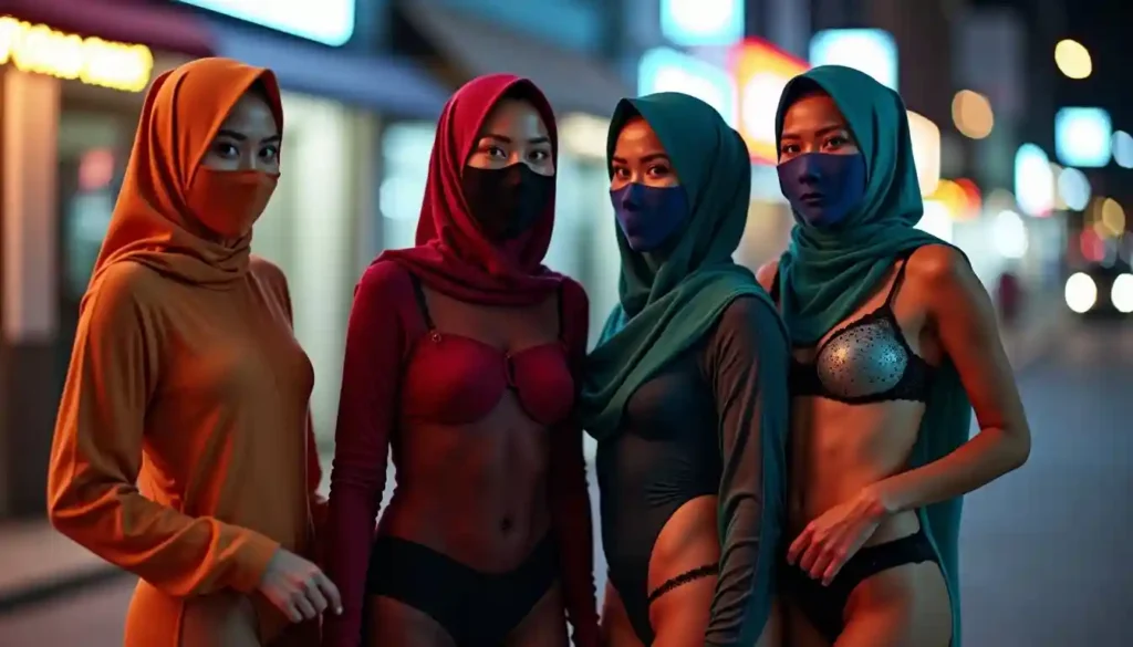 Four women in hijabs and face masks stand on a street at night.