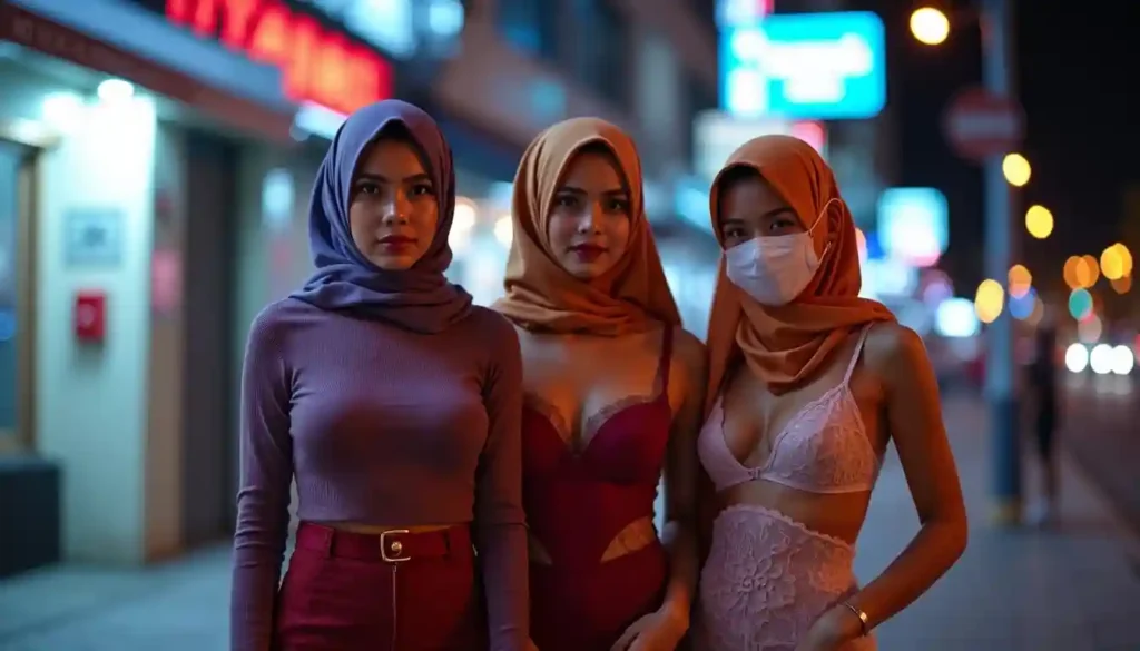 Three women in hijabs stand on a city street at night.