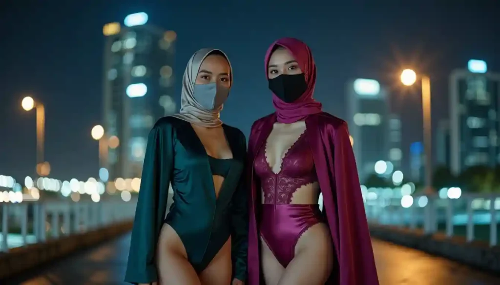 Two women in stylish hijabs and masks pose in a city at night.