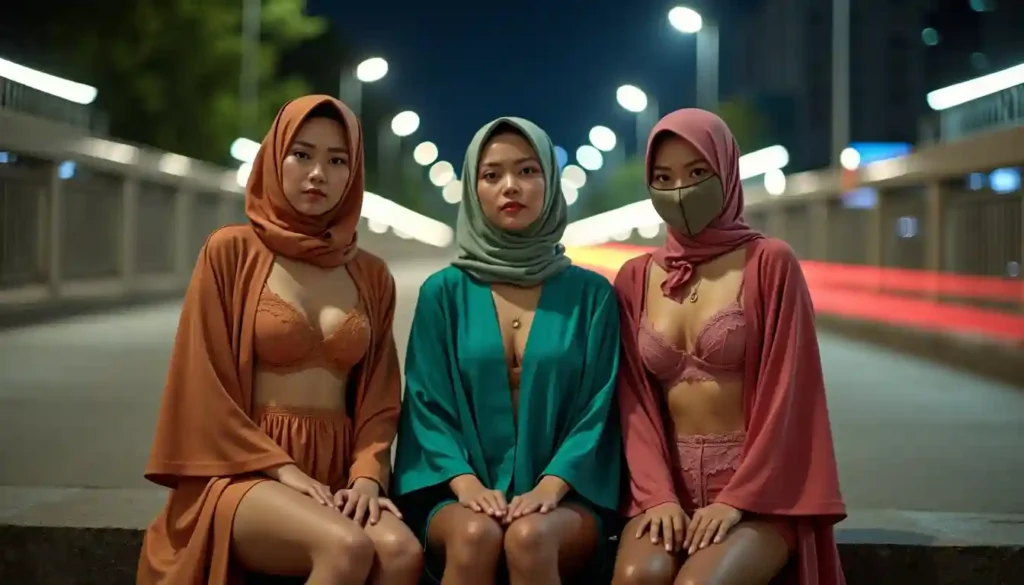 Three young women in hijabs and lingerie pose on a city bridge at night.