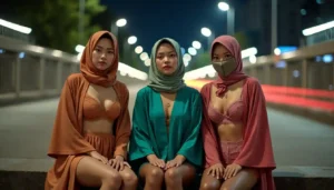 Three young women in hijabs and lingerie pose on a city bridge at night.
