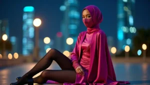 Woman in pink hijab and mask poses in urban night setting